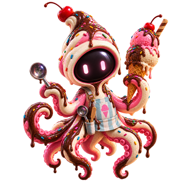 An ice cream vendor octopus in striped dungarees, holding a scoop and a cone