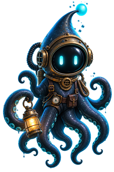 A deep-sea diver octopus in a brass helmet, carrying a lantern