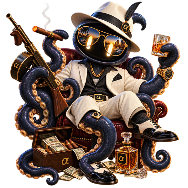 An octopus in a white suit and dark glasses, sitting in a leather armchair