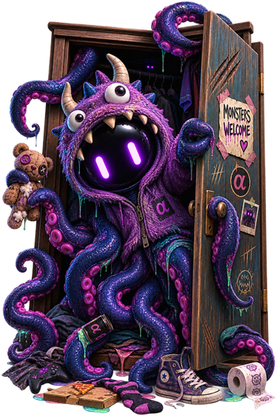 A purple horned monster with tentacles, leaning out of a wardrobe door