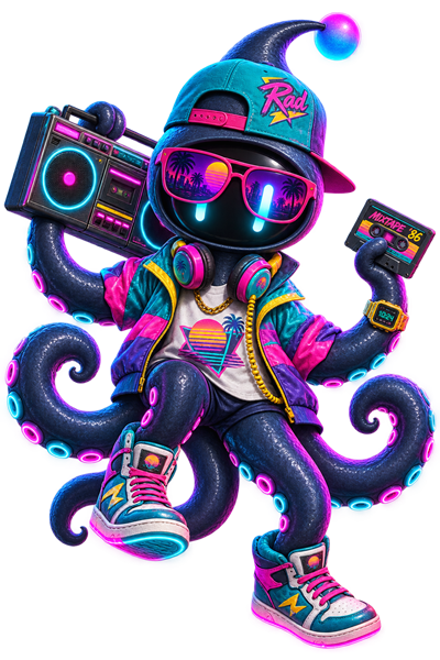 A synthwave DJ octopus with a boombox, cassette and neon sunglasses