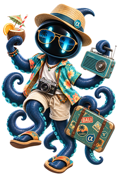 A holidaying octopus in a straw hat and floral shirt, with a camera and a suitcase