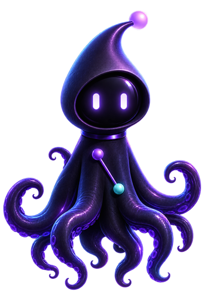Tocktopus himself: a dark purple octopus with a pointed hood and a metronome arm