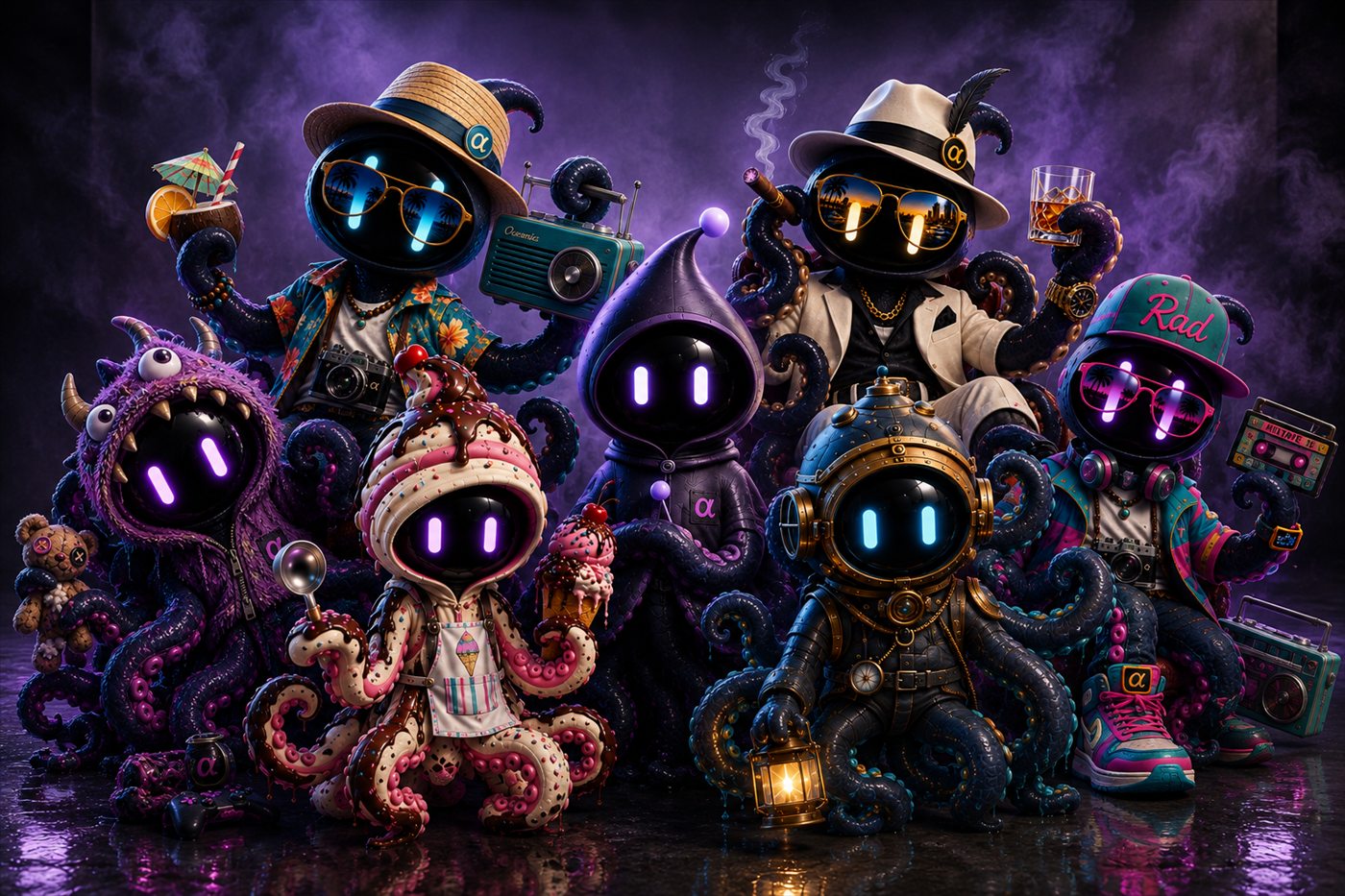 The six Tocktopus characters together: a deep-sea diver, an ice cream vendor, a beach tourist, a synthwave DJ, a gangster in a white suit and a monster in a wardrobe