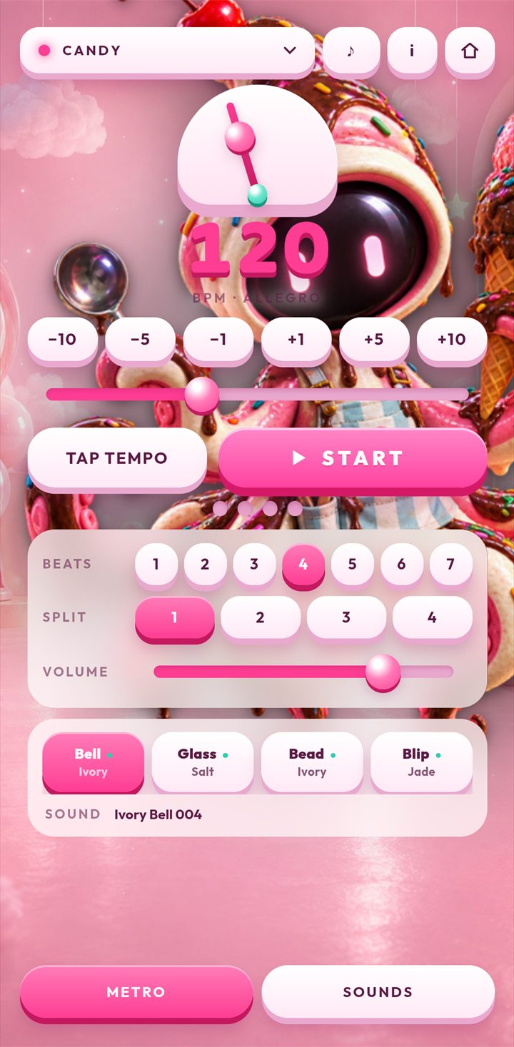 The Candy skin: a pink sweet-shop metronome with rounded buttons
