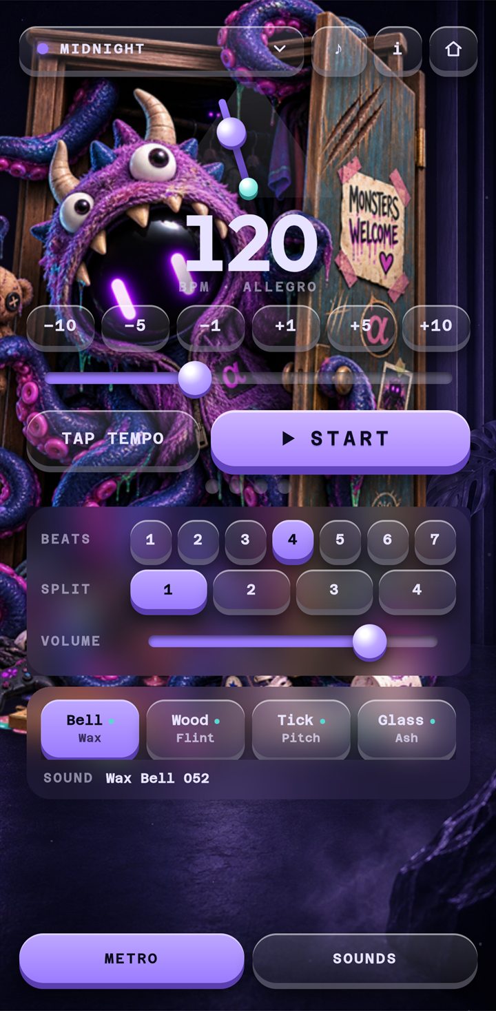 The Midnight skin: a violet night-time metronome with a monster leaning out of a wardrobe