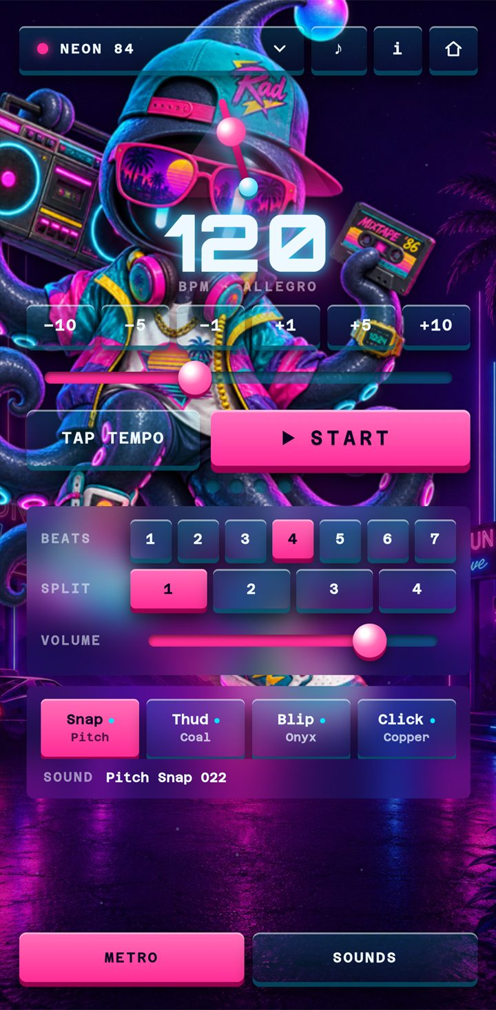 The Neon 84 skin: a synthwave metronome in magenta and cyan with a boombox octopus