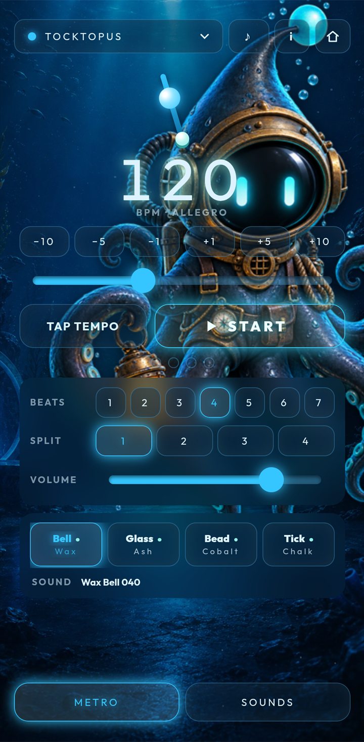 The Tocktopus metronome app in its underwater skin, showing 120 BPM and a diving octopus in the deep